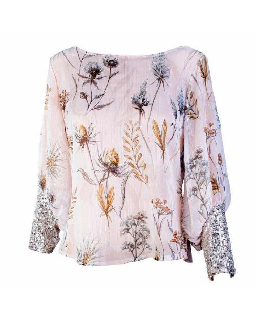 Blusa traslúcida con estampado floral, manga larga con aplicaciones - Pardela